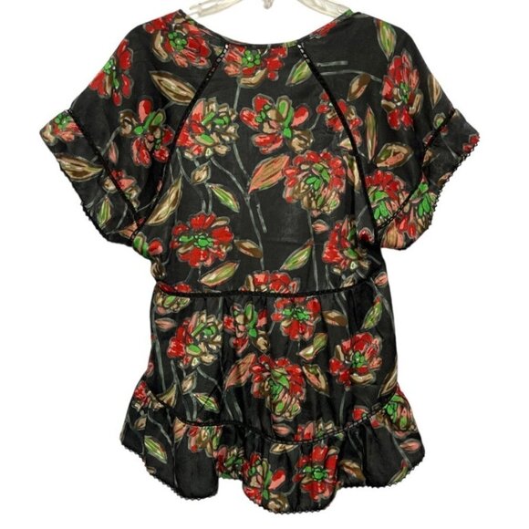 ESLEY Boho Casual Cinch-Waist Floral Top Large Black Multicolor Hi-Lo Baby-Doll - Picture 11 of 13